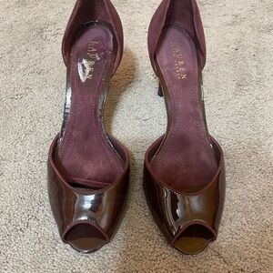 Ralph Lauren Brogan Oxblood Patent/Suede Burgundy Peep-Toe Heels